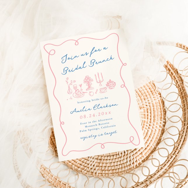 Whimsical Hand Drawn Blue & Pink Bridal Brunch Invitation (Creator Uploaded)