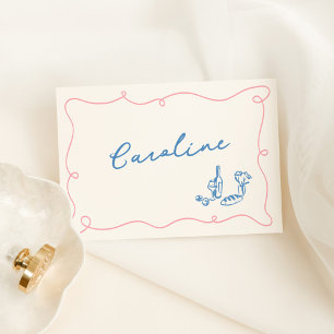 Whimsical Hand Drawn Blue & Pink Place Card
