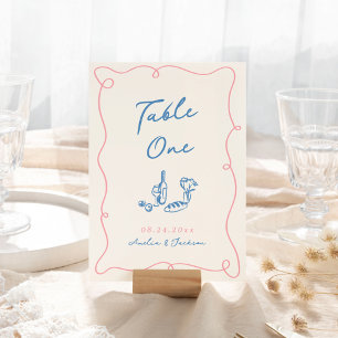 Whimsical Hand Drawn Blue & Pink Table Number