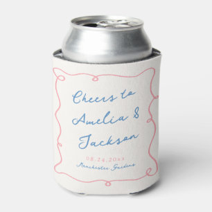 Whimsical Hand Drawn Blue & Pink Wedding Can Cooler