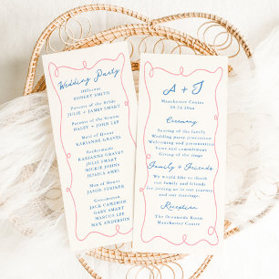Whimsical Hand Drawn Blue & Pink Wedding Program Menu
