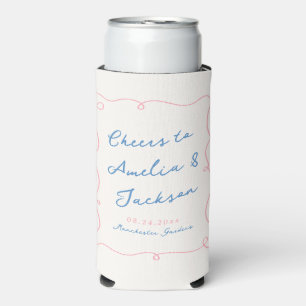 Whimsical Hand Drawn Blue & Pink Wedding Seltzer Can Cooler