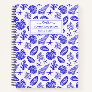 Whimsical Hand Drawn Blue Seashell Coastal Custom Notebook