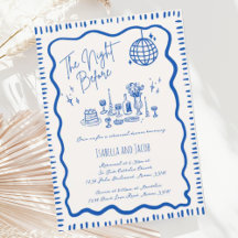 Whimsical Hand Drawn Blue Wavy Rehearsal Dinner