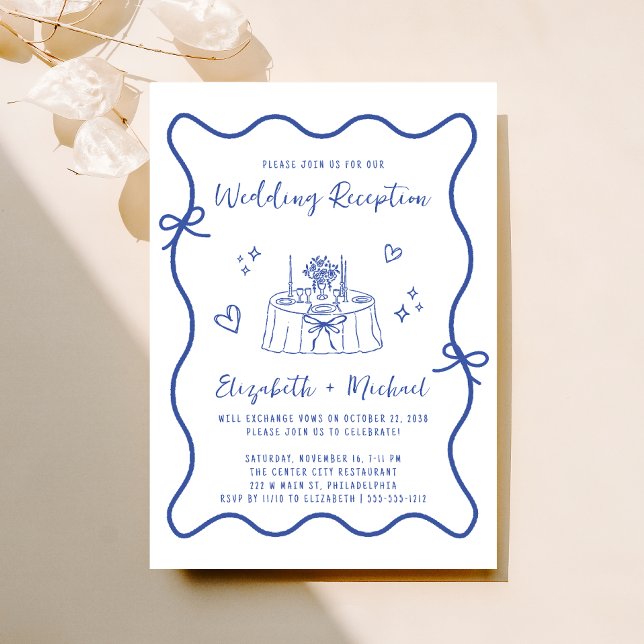 Whimsical Hand Drawn Blue Wedding Reception Invitation (Fun reception invitation featuring a whimsical hand drawn wedding table with hearts + coquette bows)