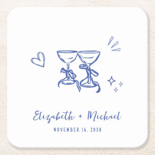 Whimsical Hand Drawn Blue Wine Glasses Wedding Square Paper Coaster