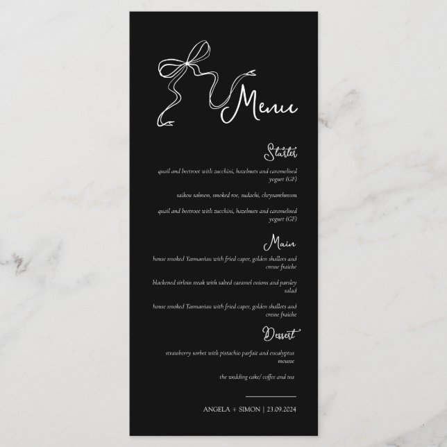 Whimsical Hand drawn Bow Black Wedding Menu (Front)