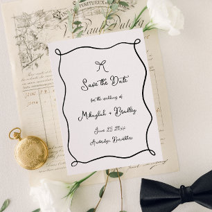 Whimsical Hand Drawn Bow Black & White Wedding Save The Date
