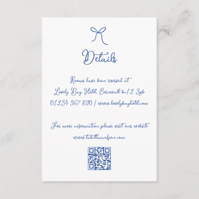Whimsical Hand Drawn Bow Blue QR Wedding Details Enclosure Card (Front)