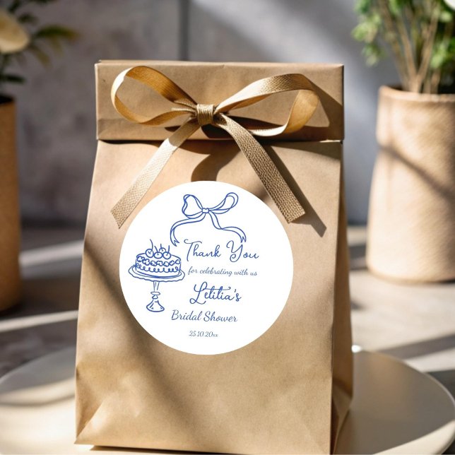 Whimsical hand drawn bow bridal tea party favour classic round sticker (Whimsical hand drawn bow bridal shower tea party favor sticker tea party favor stickers template)