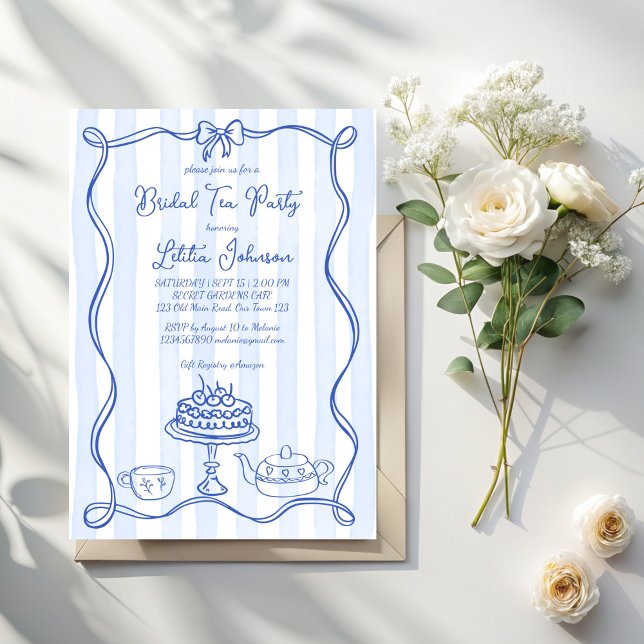 Whimsical hand drawn bow bridal tea party invitation (Whimsical hand drawn stripped bow ribbon border bridal tea party invitation cards template)