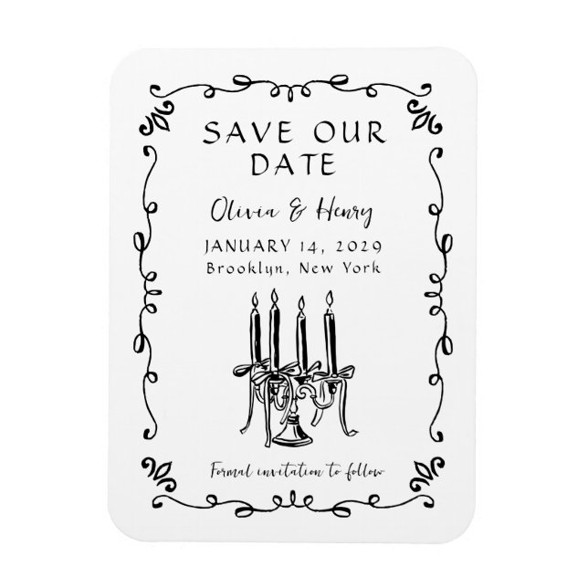 Whimsical Hand Drawn Bow Candelabra Save the Date Magnet (Vertical)