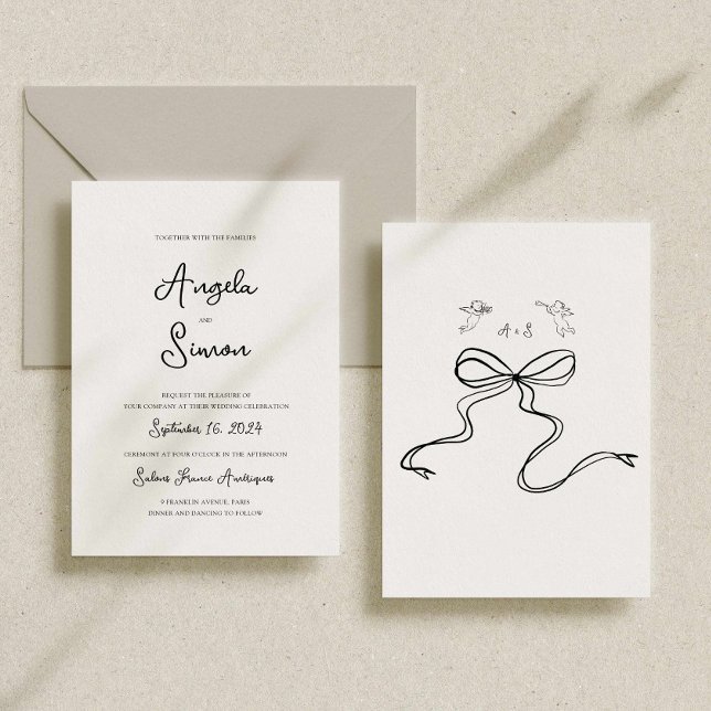 Whimsical Hand drawn Bow Cherub Wedding Invitation (hand drawn wedding invitation, bow cherub illustrated, hand written destination wedding invitation)