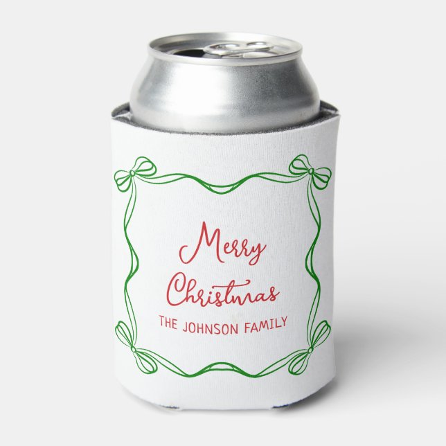 Whimsical Hand Drawn Bow Christmas Gift Can Cooler (Can Front)