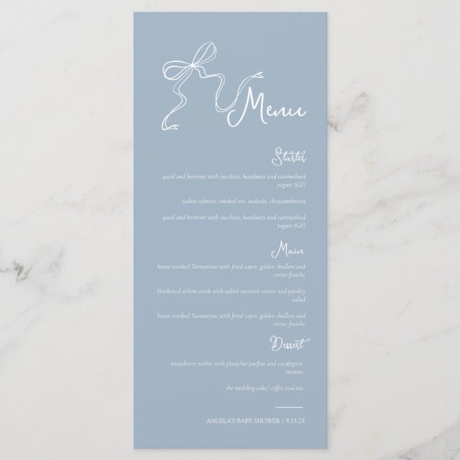 Whimsical Hand drawn Bow Dusty Blue Wedding Menu (Front)
