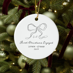 Whimsical Hand Drawn Bow First Christmas Engaged Ceramic Tree Decoration