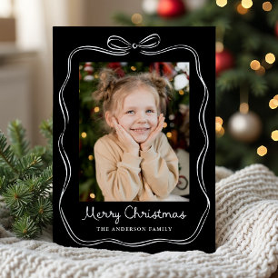 Whimsical Hand-Drawn Bow Frame Black 2 Photo Holiday Card