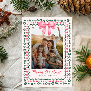 Whimsical Hand Drawn Bow Frame Christmas 1 Photo Holiday Card