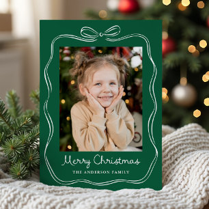 Whimsical Hand-Drawn Bow Frame Green 2 Photo Holiday Card