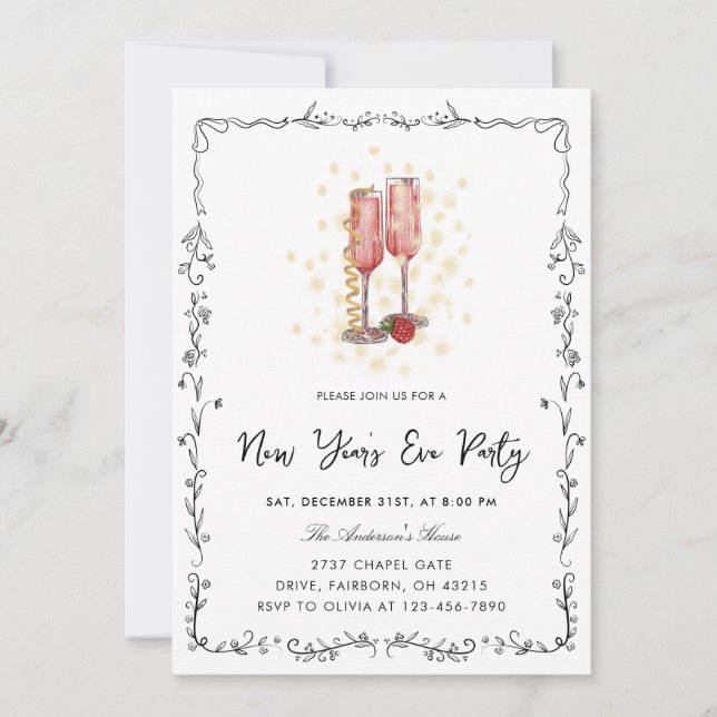 Whimsical Hand Drawn Bow Frame New Year Party Invitation (Front)