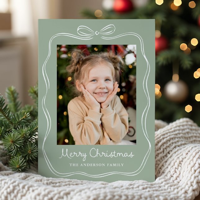 Whimsical Hand-Drawn Bow Frame Sage Green 2 Photo Holiday Card (Creator Uploaded)