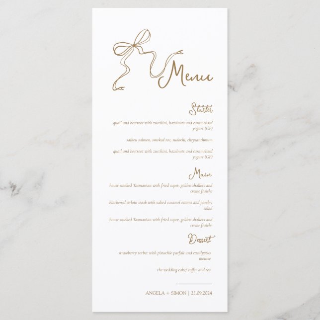 Whimsical Hand drawn Bow Gold Wedding Menu (Front)