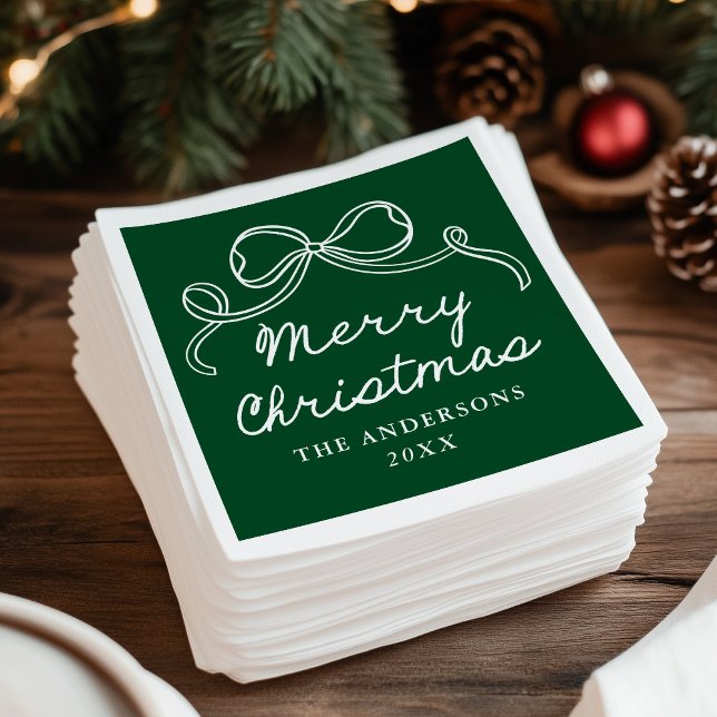Whimsical Hand-Drawn Bow Green Merry Christmas Napkin (Creator Uploaded)
