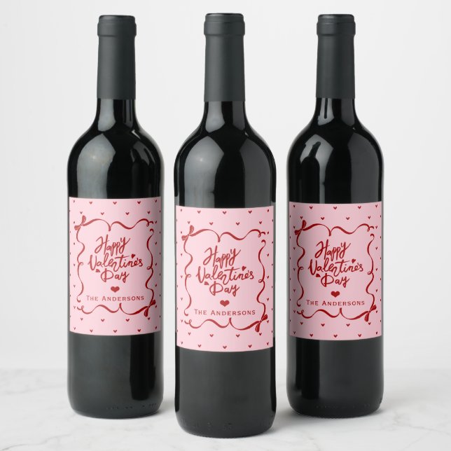 Whimsical Hand Drawn Bow Happy Valentine's Day Wine Label (Bottles)