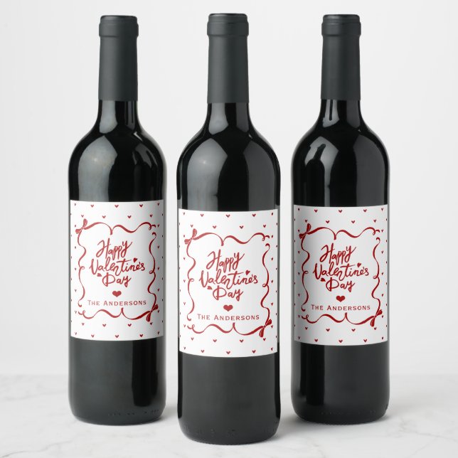 Whimsical Hand Drawn Bow Happy Valentine's Day Wine Label (Bottles)