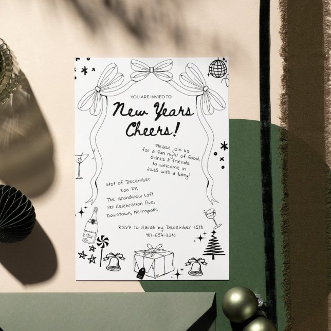 Whimsical Hand Drawn bow New Years Eve Party Invitation (Creator Uploaded)