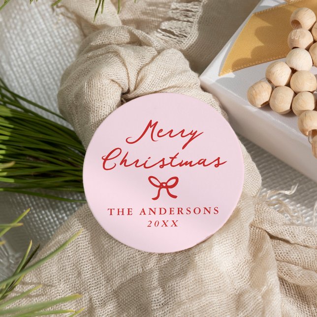 Whimsical Hand-Drawn Bow Pink Christmas Classic Round Sticker (Creator Uploaded)