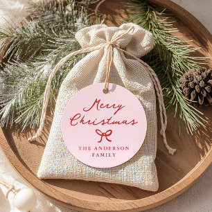 Whimsical Hand-Drawn Bow Pink Christmas Gift Tag