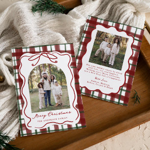 Whimsical Hand-Drawn Bow Plaid Christmas Photo Holiday Card
