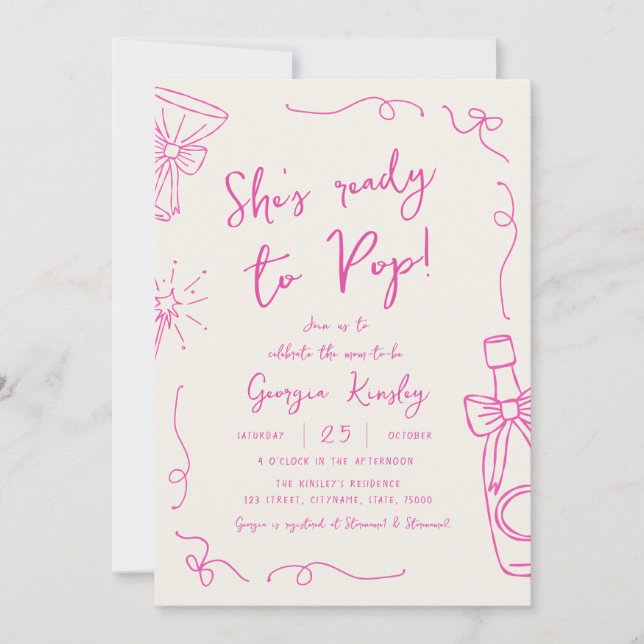 Whimsical Hand Drawn Bow Ready To Pop Baby Shower Invitation (Front)