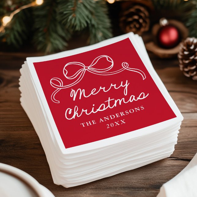 Whimsical Hand-Drawn Bow Red Merry Christmas Napkin (Creator Uploaded)