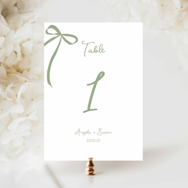 Whimsical Hand drawn Bow Sage Green Table Number (Creator Uploaded)