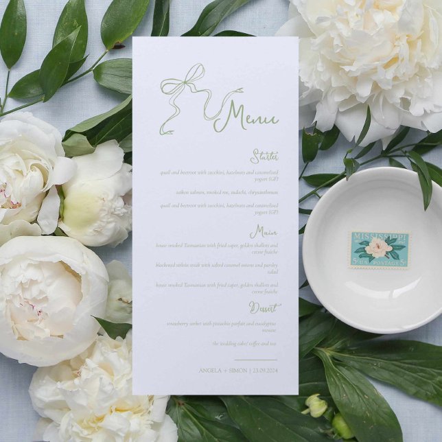 Whimsical Hand drawn Bow Sage Green Wedding Menu (Creator Uploaded)