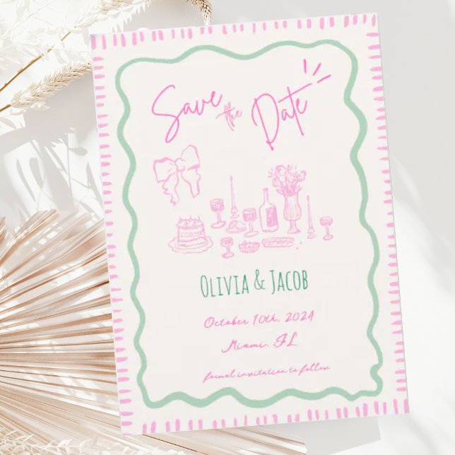 Whimsical Hand Drawn Bow Scribble Wavy Wedding Invitation (Creator Uploaded)