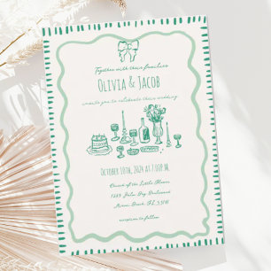 Whimsical Hand Drawn Bow Scribble Wavy Wedding  Invitation