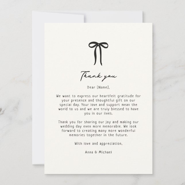 Whimsical, hand drawn bow wedding thank you card (Front)