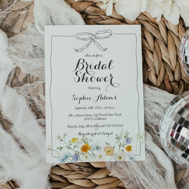 Whimsical Hand Drawn Bow Wildflower Bridal Shower Invitation (Creator Uploaded)