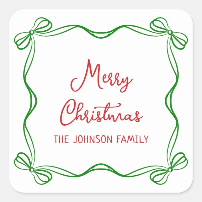 Whimsical Hand Drawn Bows Christmas Family Name Square Sticker (Front)