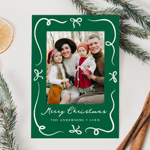 Whimsical Hand-Drawn Bows Green 2 Photo Christmas Holiday Card