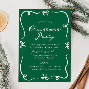 Whimsical Hand-Drawn Bows Green Christmas Party Invitation