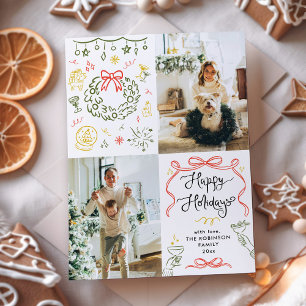 Whimsical Hand Drawn Bows Happy Holidays 2 Photo Holiday Card