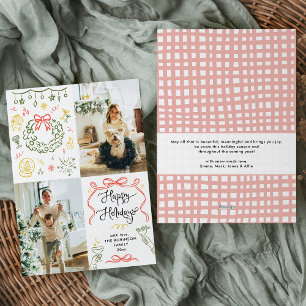 Whimsical Hand Drawn Bows Happy Holidays 2 Photos Holiday Card