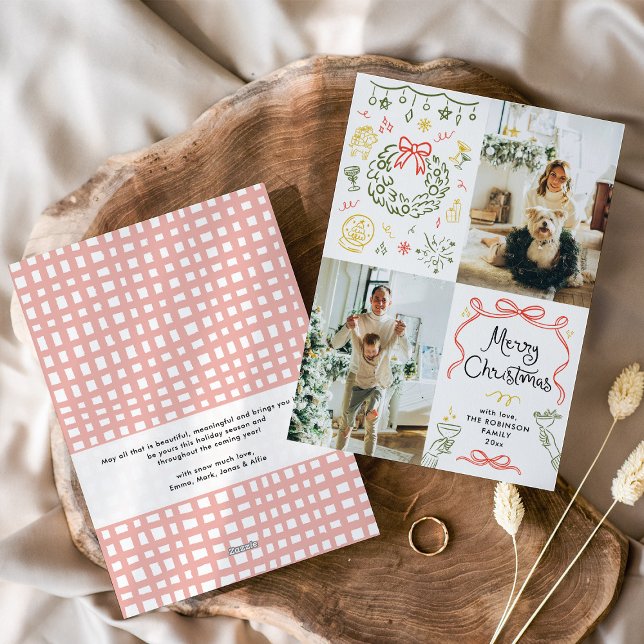 Whimsical Hand Drawn Bows Merry Christmas 2 Photos Holiday Card (Creator Uploaded)