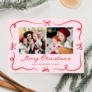 Whimsical Hand-Drawn Bows Pink 2 Photo Christmas Holiday Card