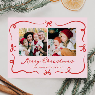 Whimsical Hand-Drawn Bows Pink 2 Photo Christmas Holiday Postcard