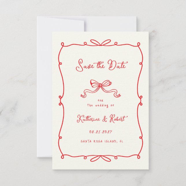Whimsical Hand Drawn Bows Save the Date Card (Front)